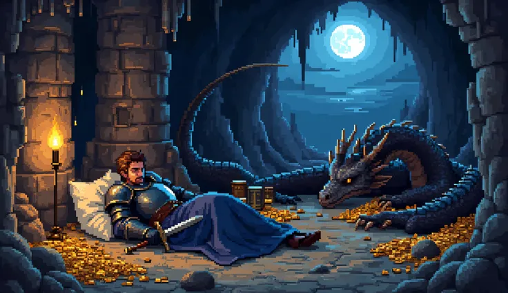 A highly detailed pixel art scene in the style of a classic dark fantasy RPG. The setting is the interior of a vast dragon’s lair, illuminated by the warm glow of scattered torches and the soft shimmer of bioluminescent crystals embedded in the cavern wall...