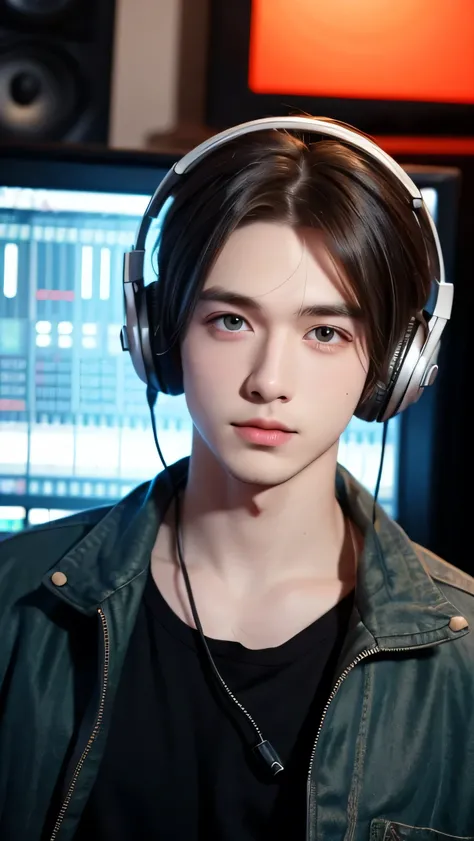 27 years old, American male, short silver hair, dark green eyes, wearing professional headphones, wild vibe, cool. He is a musician and recording in a music studio.