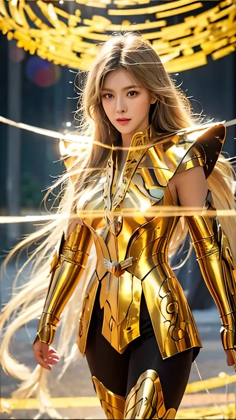 ((( 1 female)))  A very realistic、beautiful detailed photos，in the photo Camus is in the background of Greek ruins, shabby green Libra semi-glossy metal armor,  long green hair , green eyes, dynamic pose, detailed symmetrical beautiful hazel eyes, full bod...