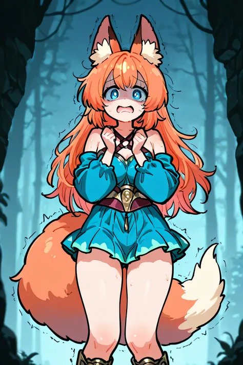 female, orange-bronze hair and blue eyes with 4-point stars in them, wearing orange and blue clothes, fox ears and tail, scared