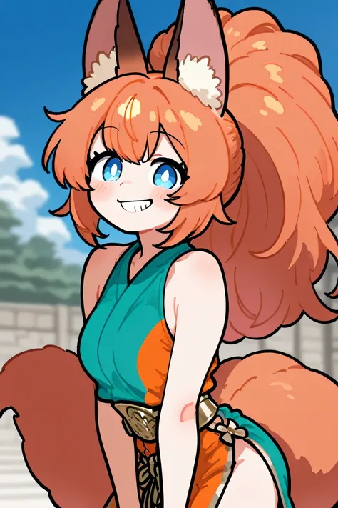 female, orange-bronze hair and blue eyes with 4-point stars in them, wearing orange and blue clothes, fox ears and tail, smiling