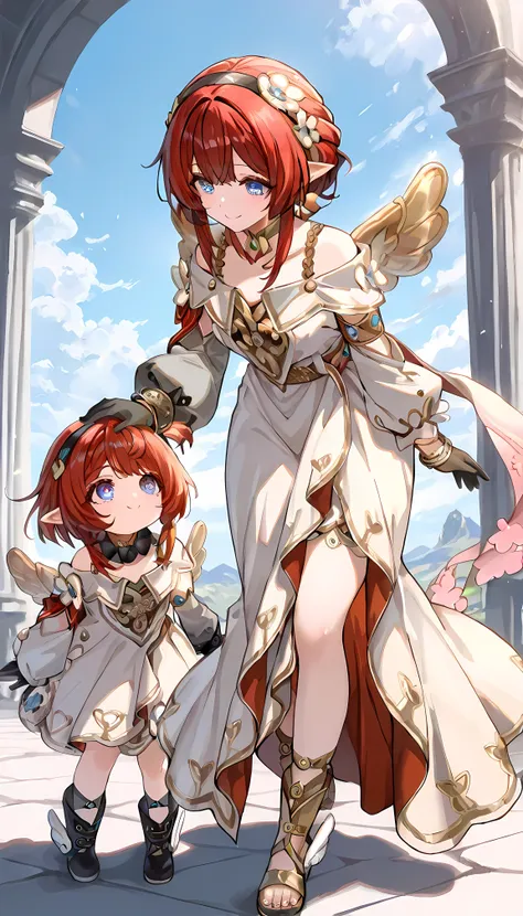 (masterpiece,best quality), 2girls, BLUE SKY ADDCOMM 1 GIRL, tribbie , Wings, detachable collar, Puffed long sleeves, black gloves, black and white boots , smile BREAK 1girl, tribios , gold choker, off shoulder, bracelet, long dress, Gold Sandals, smile, ...