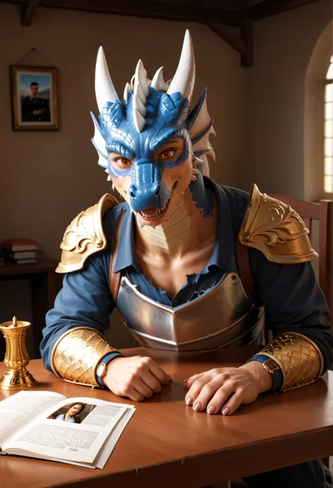 man transformation, single, human skin, human hands, human face:1.5, ,knight morfing into feral dragon, giant dragon, against a table, in pain:0.8, scared:0.8, confused:0.8, torn armor:1.1, dragons lair, cave, giant pile of gold and silver, gems, ((Ultra-d...