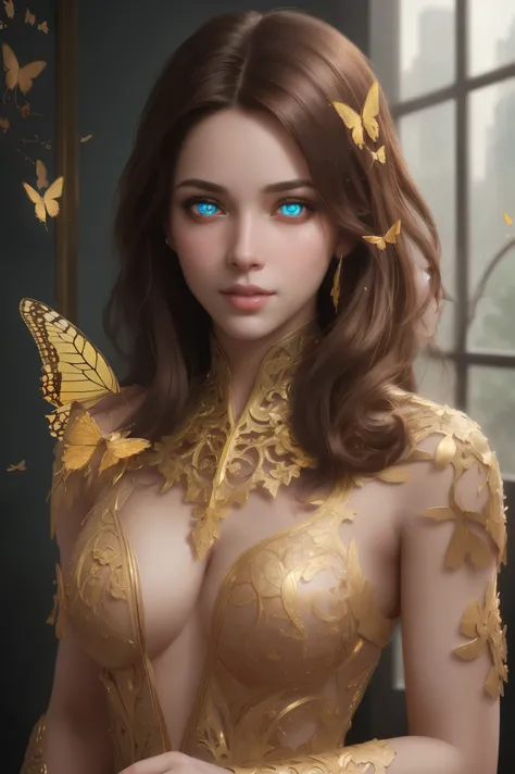 8k portrait of beautiful cyborg with brown hair, intricate, elegant, highly detailed, majestic, digital photography, art by artgerm and ruan jia and greg rutkowski surreal painting gold butterfly filigree, broken glass, (masterpiece, sidelighting, finely d...