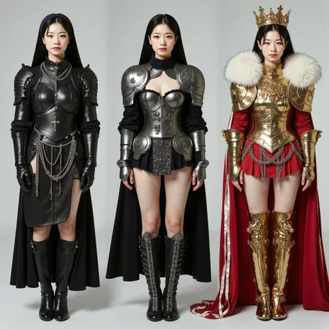 The same Dahyun woman stands exactly full-length images in three different erotic outfits, 1 type - black leather armor of a clergyman nun with a cutout on the leg and steel plates on the shoulders, leather black with silver patterns corset and leather bla...