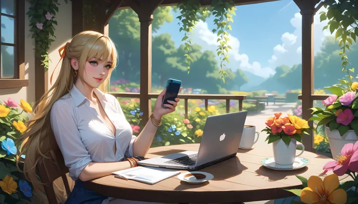 "A picturesque front yard with an inviting outdoor workspace. A woman sits at a round wooden table, deeply engaged with her laptop. A cup of coffee and her smartphone are beside her. The garden is alive with colorful flowers and green foliage, while the mo...