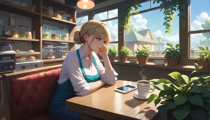 "Modern yet rustic cafe with green plants cascading from shelves and large glass windows letting in golden sunlight. A woman sits near the center table, scrolling on her phone with a coffee cup in hand. The cafe counter displays a gleaming espresso machine...