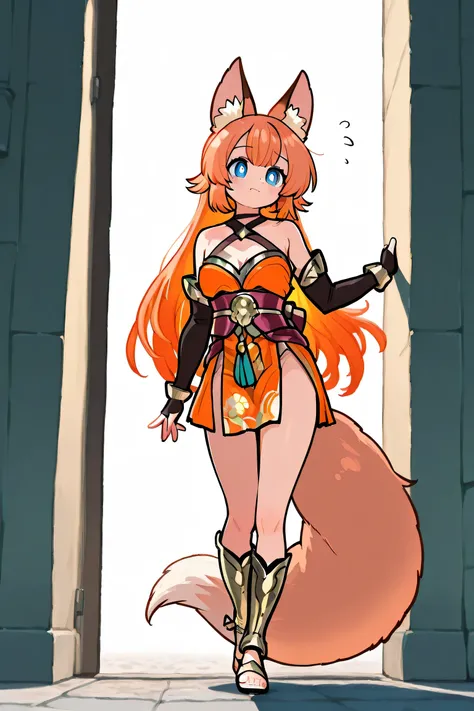 female, orange-bronze hair and blue eyes with 4-point stars in them, wearing orange and blue clothes, fox ears and tail, Doubtful Expression