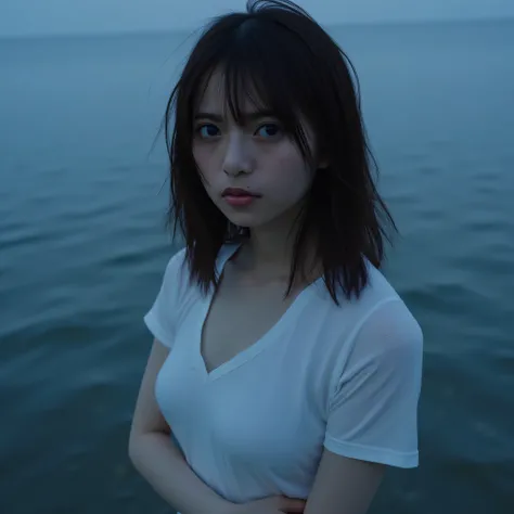 (( Midnight on a floating island、best quality,8k, masterpiece:1.3))、full body、long legs、sharp concentration:1.2,beautiful women with perfect bodies:1.4, Slim Abs:1.1,((dark brown hair、Big Breasts:1.2)),( white fitted t-shirt、 Bib Jeans 、standing:1.2),((H...
