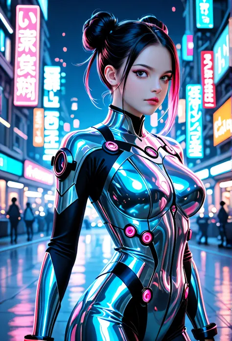 "A striking female model, 28 years old, with sleek jet-black hair in a high, futuristic bun, wearing a modern sci-fi outfit with reflective chrome bodysuit, transparent neon panels, and LED accents, posing dynamically in a futuristic cityscape with glowing...