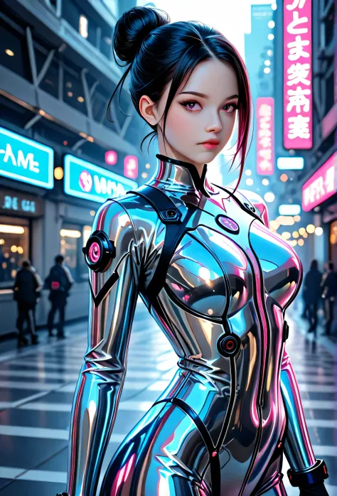 "A striking female model, 28 years old, with sleek jet-black hair in a high, futuristic bun, wearing a modern sci-fi outfit with reflective chrome bodysuit, transparent neon panels, and LED accents, posing dynamically in a futuristic cityscape with glowing...