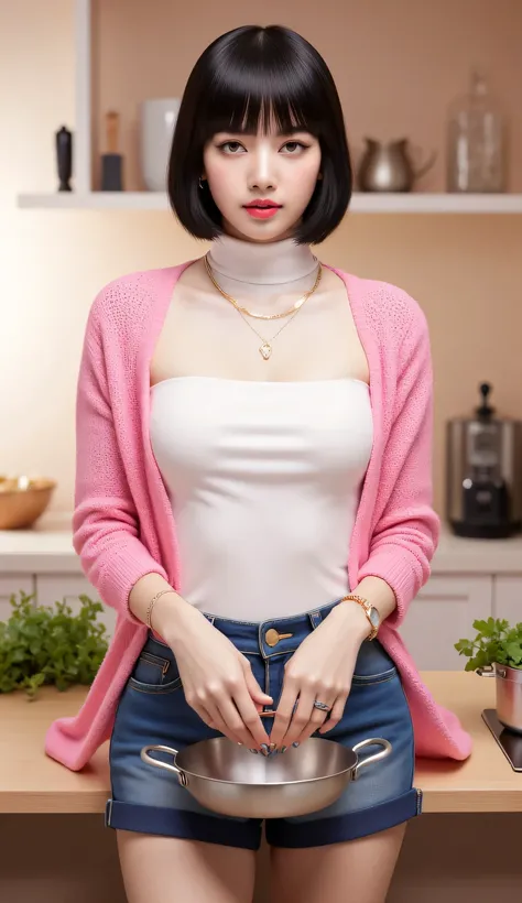 a woman, in the kitchen is cooking, front facing, pink open knit jacket with white turtle neck t-shirt, denim shorts , big boobs, red lips, short hair black