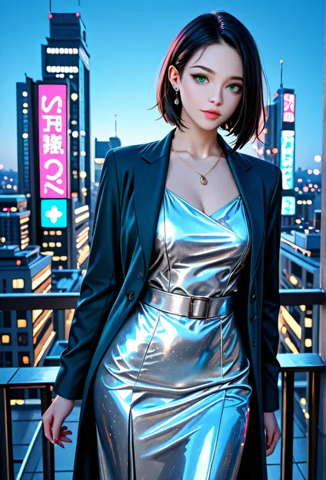 "A stunning female model, 25 years old, with long, sleek, straight dark hair, flawless porcelain skin, and piercing green eyes, wearing a modern avant-garde oversized blazer dress in metallic silver with sharp geometric cuts, posing confidently on a futuri...