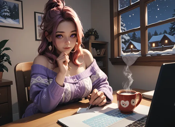 "A woman typing on a laptop late at night, surrounded by a warm, snowy winter vibe. She is seated by a window with frost patterns, wearing a purple mini dress and wrapped in a fluffy blanket. A cup of hot cocoa sits beside her on the desk. The room is soft...