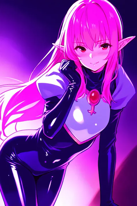 masterpiece, High Resolution, Alone,  Shiny Clothes,  new, black latex bodysuit,  silver breastplate, Shoulder rest, very long hair, pink hair near MM, pointed ears, Red Eyes, Cruel smile