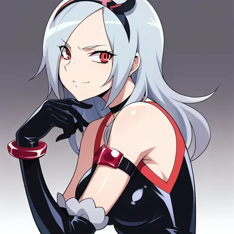 score_9, score_8_up, score_7_up, masterpiece,  source_anime, hidden hair, CT_setsun4, medium breasts, Red Eyes, Gray Hair, Hairband, black choker, black dress, popped color,  elbow gloves , bracelet, Armlet, BLACK SHORTS, clothing cutout, viewers, , facing...