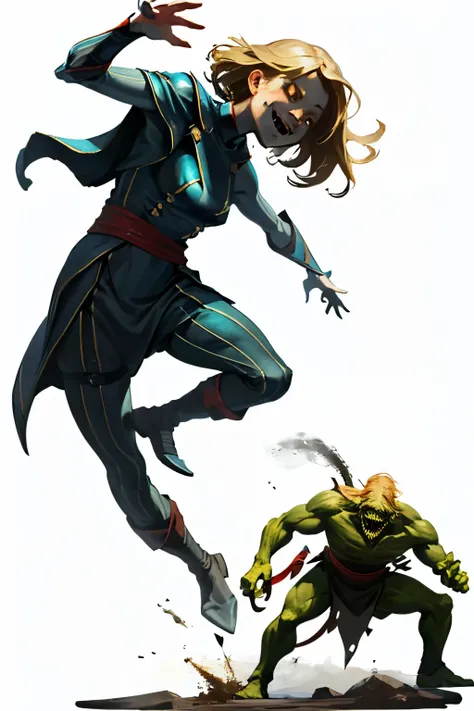  I want a human character, showing the entire body, png,  fight pose scenario, white background, without cropping the image, blue and black futuristic clothes, One of the red arms, and blonde hair, Creepy and jumping smile, Hand-to-hand combat