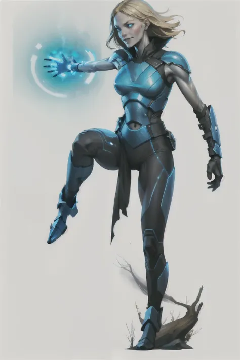  I want a human character, showing the entire body, png,  fight pose scenario, white background, without cropping the image, blue and black futuristic clothes, One of the red arms, and blonde hair, Creepy and jumping smile, Hand-to-hand combat