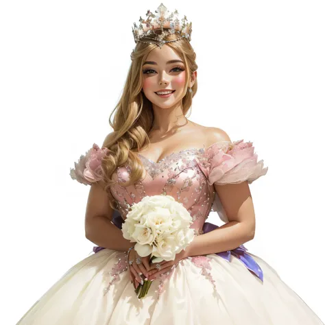 there is a woman in a dress holding a bouquet of flowers, wearing a pink ballroom gown, baroque hibiscus queen, dressed as a queen, full subject shown in photo, by John Luke, beautiful female princess, brilliant pink ball gown, queen of flowers, smiling as...