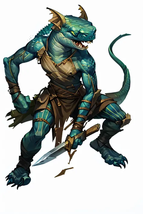 A humanoid lizard-like character with sharp teeth and striped blue scales., crouching, in dynamic pose. The character wears a leather suit and wields a large, arm. His curved yellow blade, large fin-shaped ears and long tail complete his distinctive reptil...
