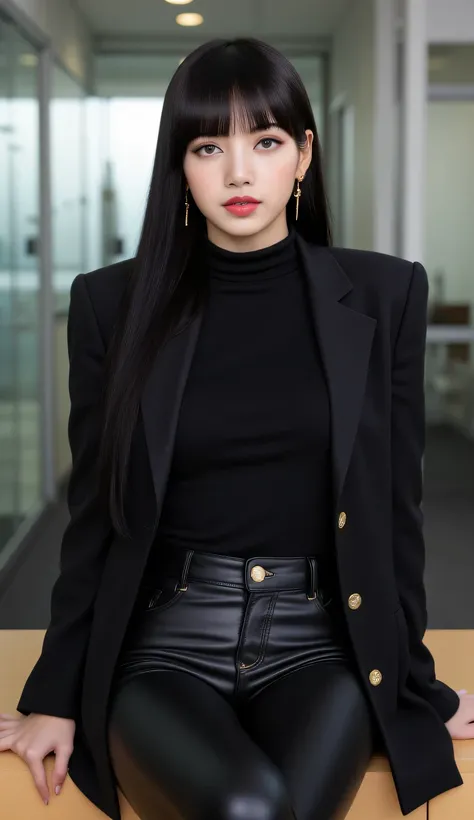 a woman,  sitting on an office desk , visible whole body facing front, wears a black open formal blazer with a black turtle neck t-shirt, black latex pants, big boobs, red lips, seductive face, black hair