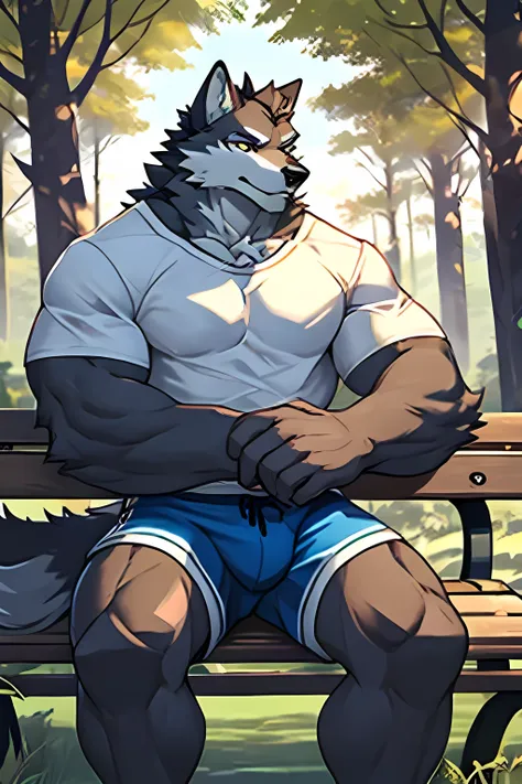 A front-facing image of a very muscular and hairy gray wolf. He is sitting on a bench in a forest park. He is wearing a blue short-sleeved and white t-shirt and blue shorts.