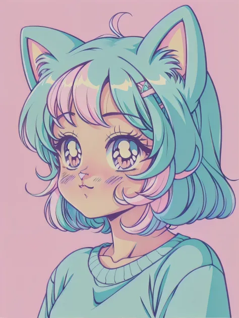 random cute korean catgirl, cat ears, pastel color palette, no background, pastel background, colorful background, 

