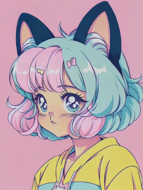 random cute korean catgirl, cat ears, pastel color palette, no background, pastel background, colorful background, 
