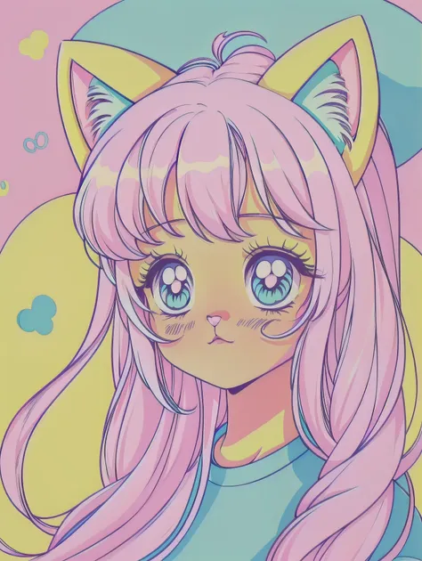 random cute korean catgirl, cat ears, pastel color palette, no background, pastel background, colorful background, 
