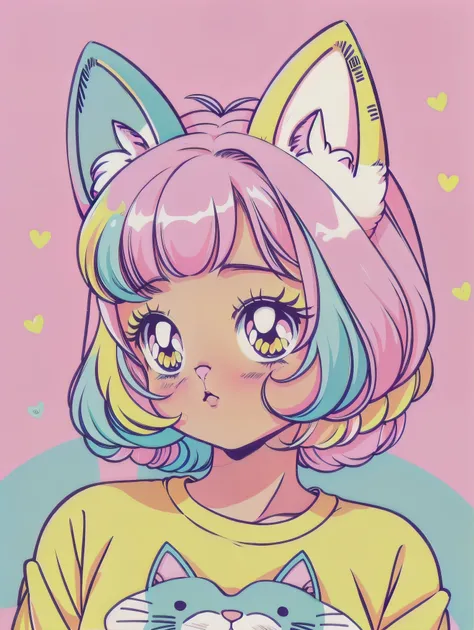 random cute korean catgirl, cat ears, pastel color palette, no background, pastel background, colorful background, 
