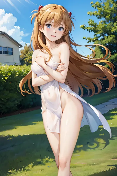  completely naked、is standing、Outdoors、garden、Schoolyard、 breasts、is facing the camera、 completely naked、Soryu Aska Langley Without Clothes、smile、  High Res Images , masterpiece,  top quality ,  great quality, alone, 1 girl,   completely nakedの惣流・アスカ・ラングレー...