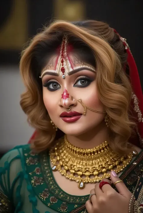 oral, Glamorous figure, huge breasts, chubby body, Plump chest, green sheer underwear, nipples visible through the underwear, pluffy nipples, too much sindoor on her forehead, MCharacter opening front leg, hindu tattoo all over her body, full body tattoo...