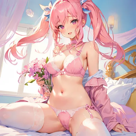 Anime girl in pink lingerie sitting on bed with her stomach exposed, sex, bewitching anime girl, beautiful charming anime , Sakura Haruno, , sex style, by Kentaro Miura, boobs, beautiful charming anime woman, Gwaiz, cute girl anime visual, sex anime style,...