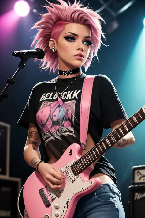 (best quality, masterpiece), ((1 Woman)), beautiful Woman, (blue eyes), (([Pink] hair, [Short] hair)), ((Punk Rocker HAir with Shaved sides)), small breasts, realistic, narrow waist, charming, Black makeup, Smoky eye shadow, Dark Eyeliner. long eyelashes, ...