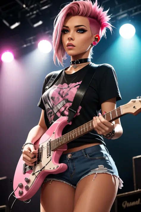 (best quality, masterpiece), ((1 Woman)), beautiful Woman, (blue eyes), (([Pink] hair, [Short] hair)), ((Punk Rocker HAir with Shaved sides)), small breasts, realistic, narrow waist, charming, Black makeup, Smoky eye shadow, Dark Eyeliner. long eyelashes, ...