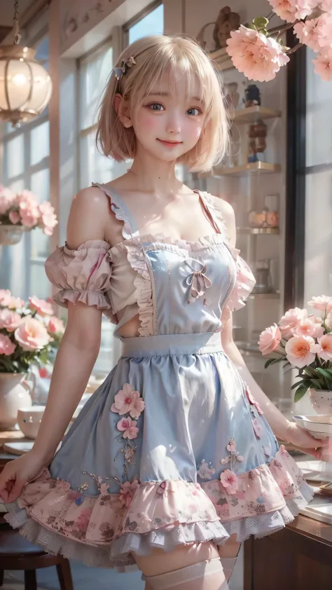  cute smile 、is refreshing、round face、platinum blonde straight short bob hair、Dazzling dark blue eyes、pretty girl、 cafe clerk、maid clothes、 wearing an apron、knee-high socks、high heels、holding a silver tray with a coffee cup in one hand、The store is bright,...