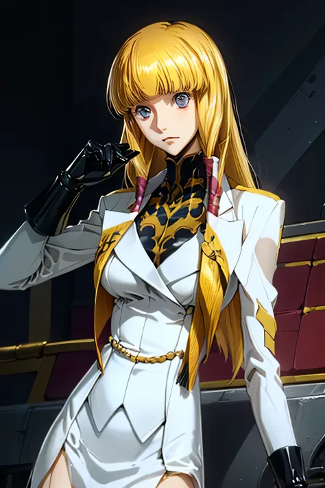 PERFECT ANATOMY top quality,highest resolution,(((shiny latex white military uniform Shiny Blonde Dark blue eyes shiny skin))) cord gears Monica long hair straight expressionless flat chest woman cool