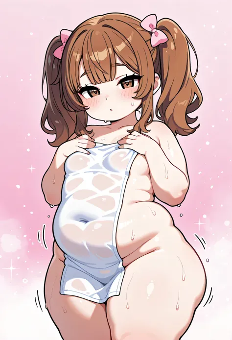 1 chubby young girl covering herself with a small towel after shower on a light-pink background (She has short wavy ligh-brown hair with bangs tied in twintails with pink bows. She has dark-brown eyes. She is petite and fat, with tiny breasts, round face, ...