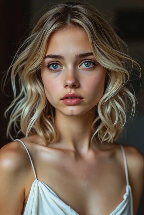 A 17-year-old girl, Champagne-colored hair at shoulder length is wavy and messy but shiny, The almond-green eyes are framed by the long lashes and slightly arched eyebrows slightly darker than the hair, The short nose with a raised base and a straight outl...