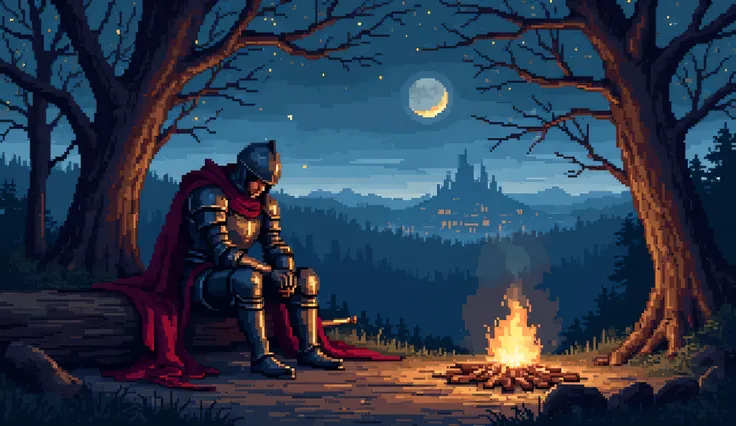 **Highly detailed pixel art of a weary medieval knight with His helmet remains on slumped on a weathered wooden log by a dimly burning campfire in a secluded forest clearing at night. His full plate armor, reflects the weak flicker of firelight. His deep ...