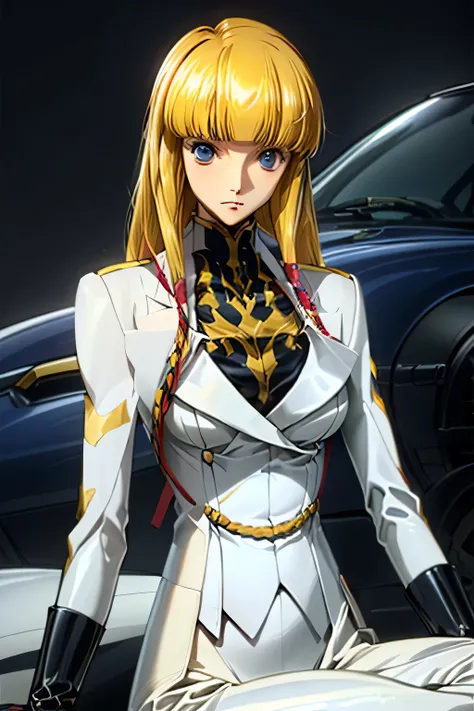 PERFECT ANATOMY top quality,highest resolution,(((shiny latex white pilot suit Shiny Blonde Dark blue eyes shiny skin))) cord gears Monica long hair straight expressionless flat chest woman cool