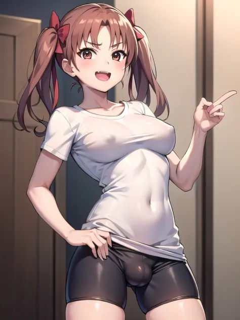 One Daughter, alone, long hair, Chest for Men, viewer, , smile,  open your mouth , brown hair,  shirt, Big Breasts、bow, twin tails, brown eyes, white t- shirt, hair bow,  blue bike shorts:1.3, indoors, erections:1.3, bulge, Futanari girl with male genitals...