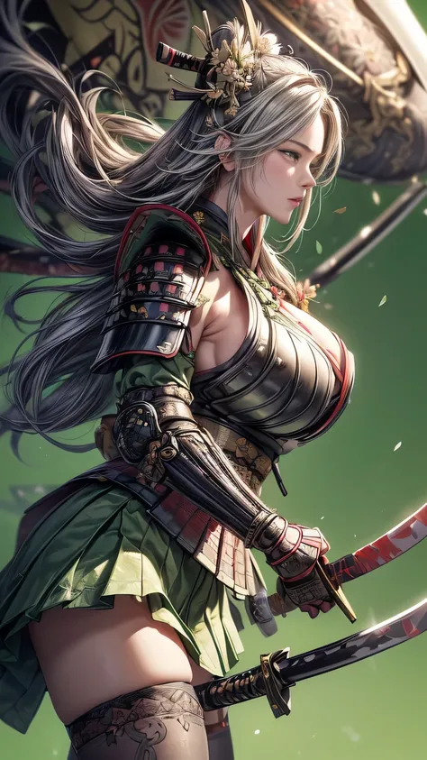 young woman,Oiran,warrior,(wielding a huge_weapon:1.6), very detailedな, realist,(close up:1.6),(combat posture:1.8), Brilliant Appearance ,extremely detailed, Imaginative,sensual ,top quality, skin texture,(Milkmaid braid hair),(Ash gray hair:1.3),(huge b...