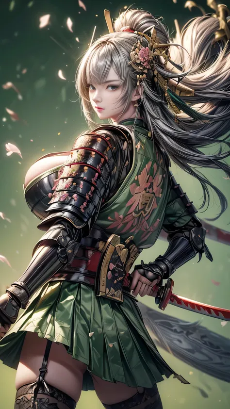 young woman,Oiran,warrior,(wielding a huge_weapon:1.6), very detailedな, realist,(from front:1.6),(combat posture:1.8), Brilliant Appearance ,extremely detailed, Imaginative,sensual ,top quality, skin texture,(Milkmaid braid hair),(Ash gray hair:1.3),(huge...