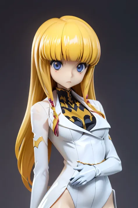 PERFECT ANATOMY top quality,highest resolution,(((shiny latex white bodysuit Shiny Blonde Dark blue eyes shiny skin))) cord gears Monica long hair straight expressionless flat chest woman cool