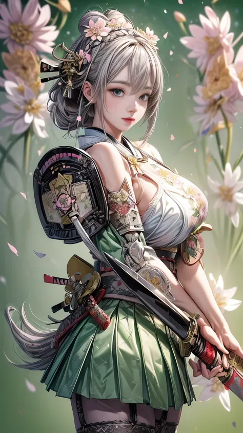 young woman,Oiran,warrior,(wielding a huge_weapon:1.6), in white for summer very detailedな, realist,゜,(combat posture:1.6), Brilliant Appearance ,extremely detailed, Imaginative,sensual ,top quality, skin texture,(Milkmaid braid hair:1.6),(Ash gray hair:1...