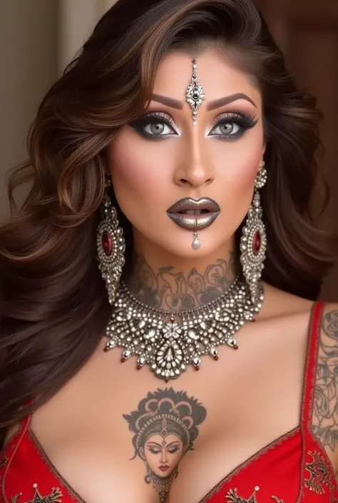 headshot of a very sexy and creatively decorated woman's lips, out of the box, troublemaker, realistic photography, masterpiece, plump body,deep cleavage, massive breasts, Body peircing flyer including needles peircing , OM tattoo on breasts