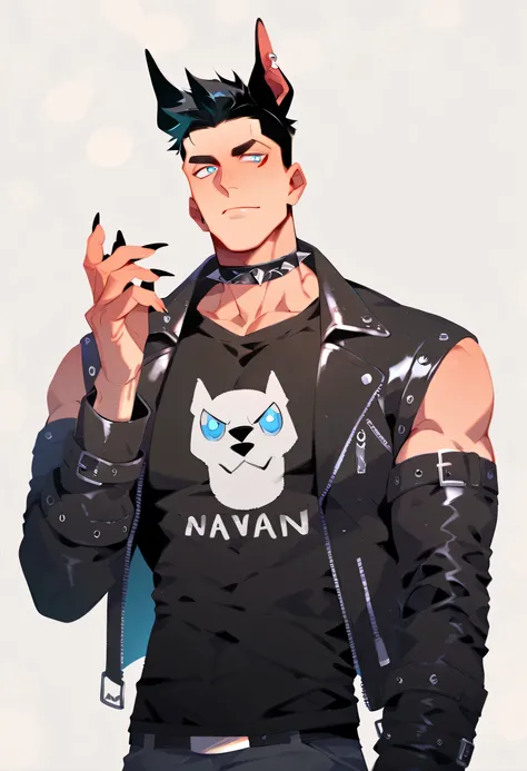 male, handsome, sharp jawline, long black hair, black t-shirt, light blue eyes, leather jacket,muscular,punk, punk clothing,sharp nails,Doberman pitcher ears, dog ears, human with dog ears, spiked collar