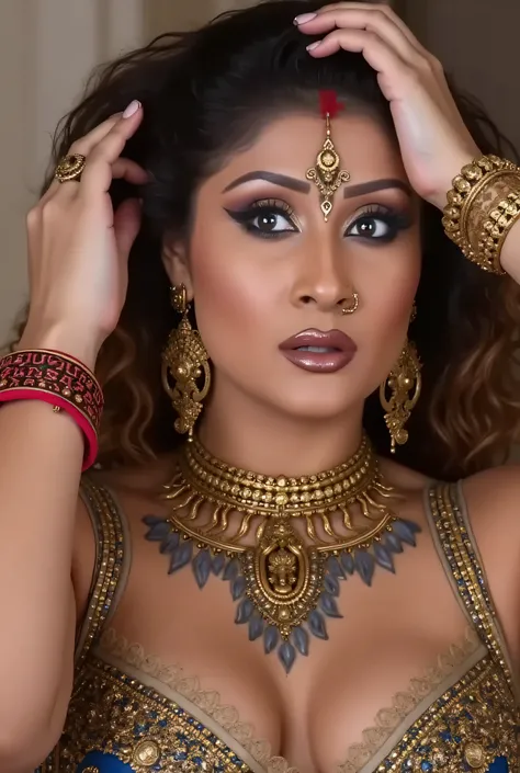 headshot of a very sexy and creatively decorated woman's lips, out of the box, troublemaker, realistic photography, masterpiece, plump body,deep cleavage, massive breasts, Body peircing flyer including needles peircing , hands on her head exposing smo...
