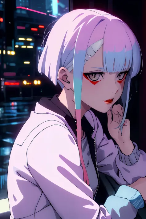 lucy and david martinez \(Cyberpunk\), 1girl and 1 boy in metro, hair scrunchie, hime-cut, Silver hair, colored tips, full moon, With gray eyes, ((olhos detalhados)), Jacket, Long sleeves, view the viewer, Medium hair, Colorful hair, Bangs separated, lips ...